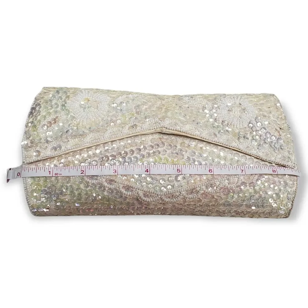 La Regal White Sequin Evening Clutch / Bag - Sequins Change Color w. Lighting